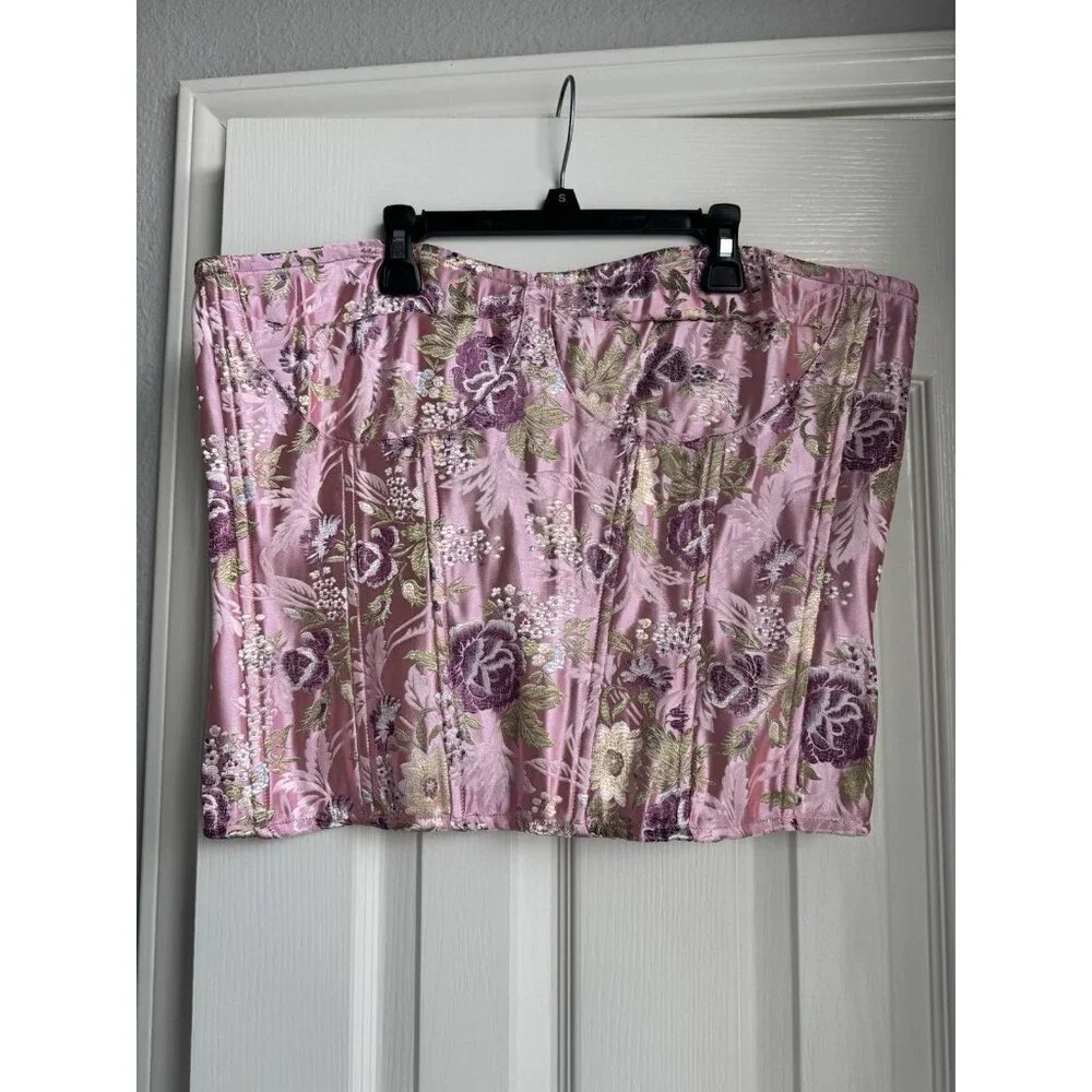 NWT Pretty Little Thing Plus Pink Floral JACQUARD Satin Corset Size US 14 - Picture 3 of 7